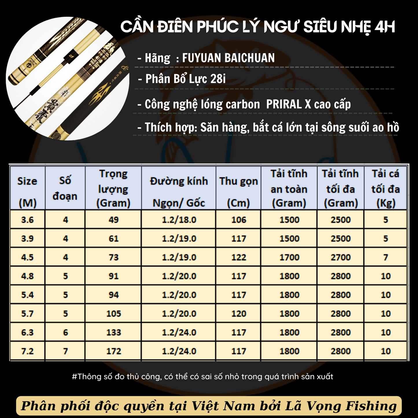 Cần câu FuYuan Điên Phúc Lý Ngư Siêu Nhẹ 4H, Cần câu đài bản hỗn hợp siêu nhẹ hàng chính hãng