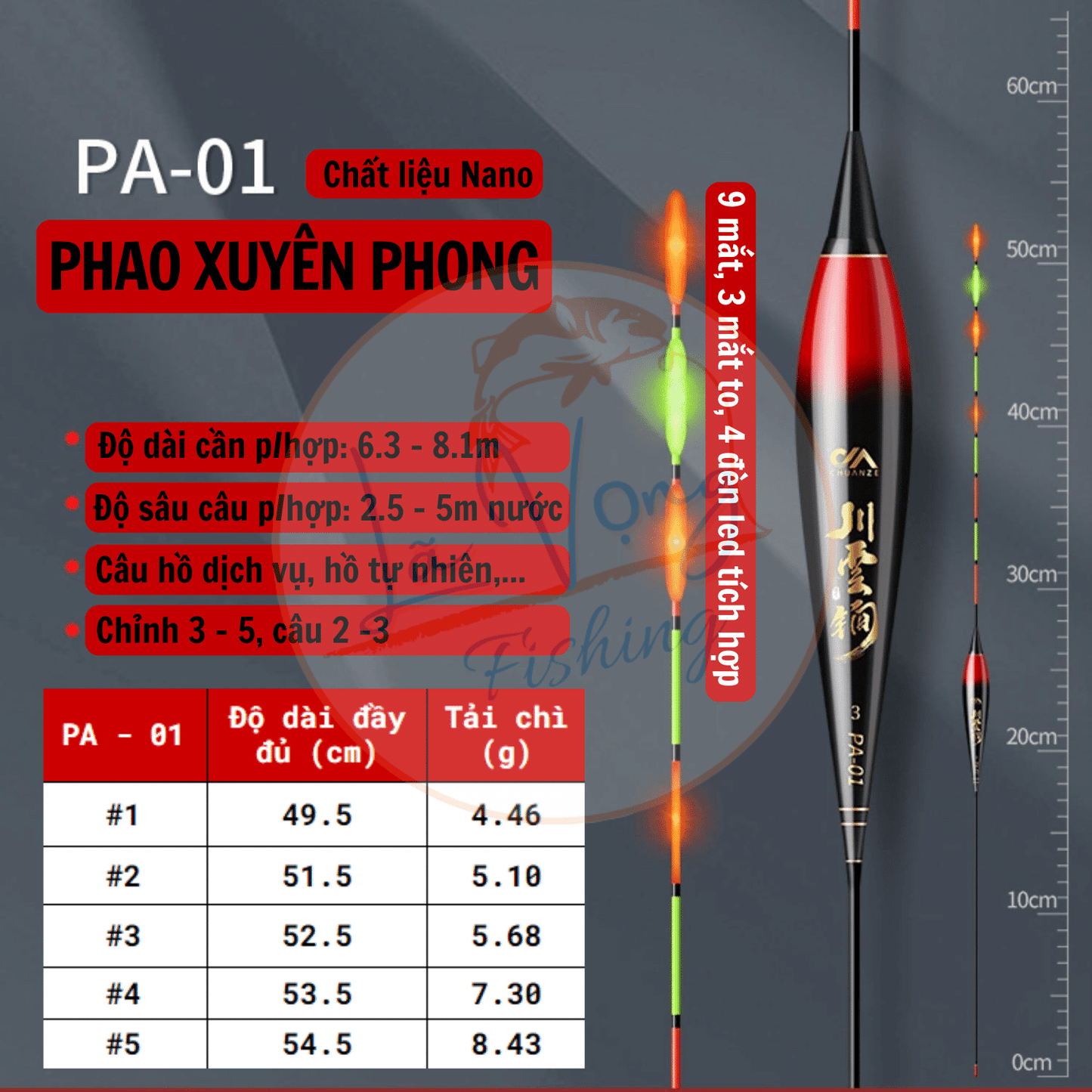 Phao nano Ngày - Đêm câu đài Xuyên Phong, Phao câu cá cao cấp Mã PA