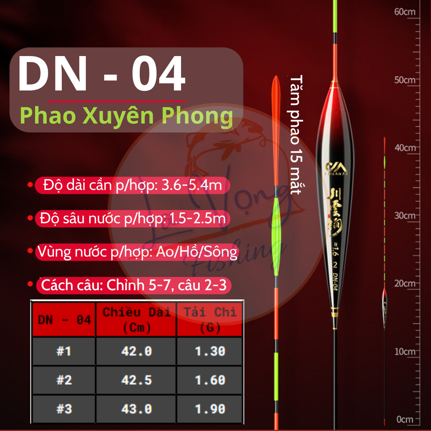 Phao chuyên Ngày nano cao cấp Xuyên Phong - DN, phao câu đài chính hãng, phao câu cá