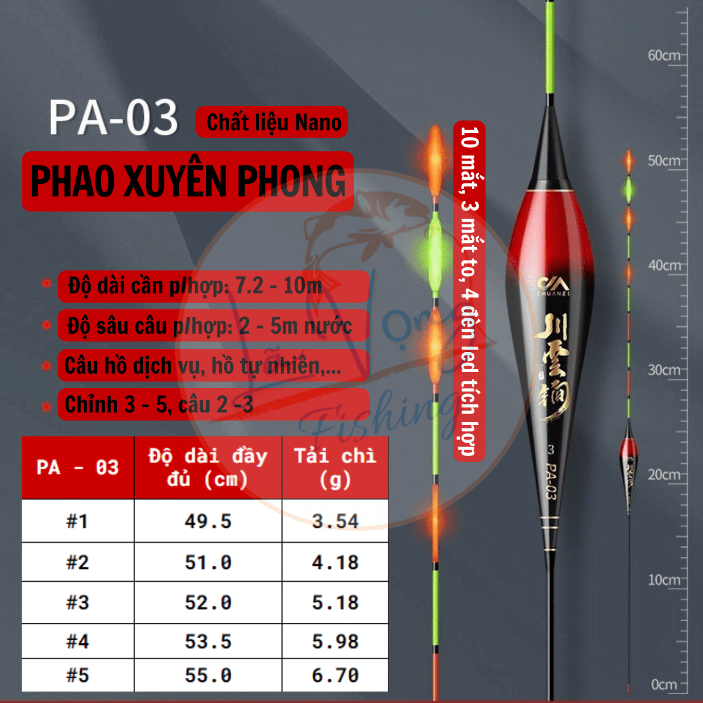 Phao nano Ngày - Đêm câu đài Xuyên Phong, Phao câu cá cao cấp Mã PA
