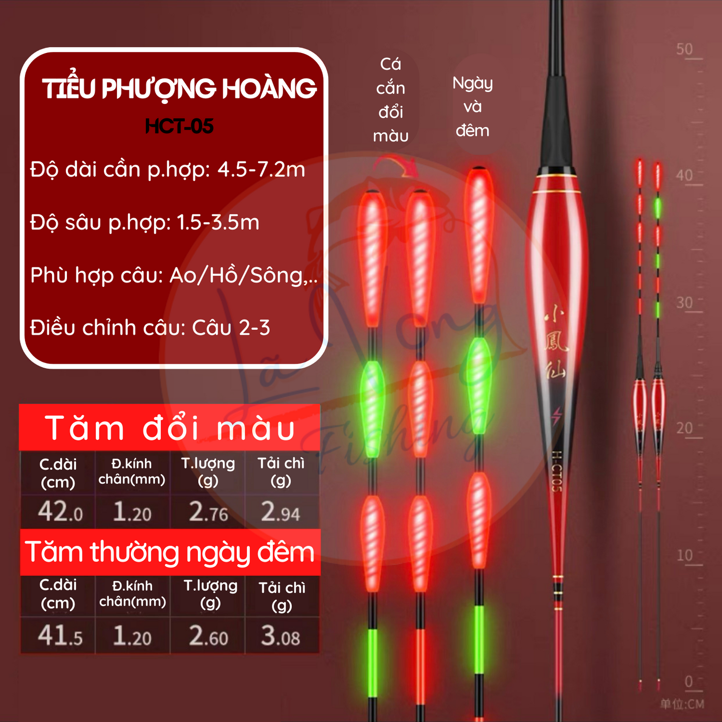 Phao Ngày - Đêm Tiểu Phượng Tiên mã HCT tăm giọt nước, đổi màu thông minh, phao câu đài cao cấp