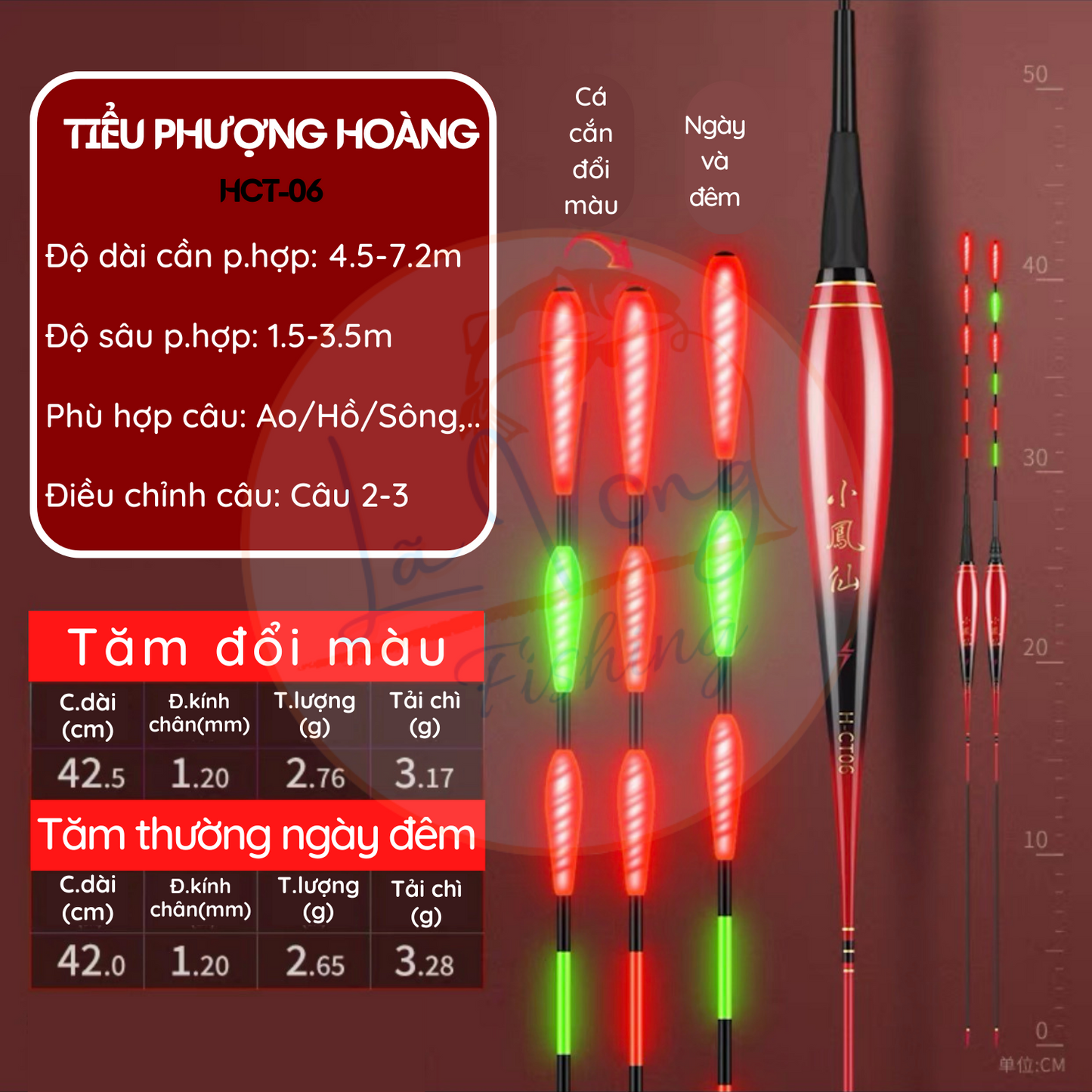 Phao Ngày - Đêm Tiểu Phượng Tiên mã HCT tăm giọt nước, đổi màu thông minh, phao câu đài cao cấp