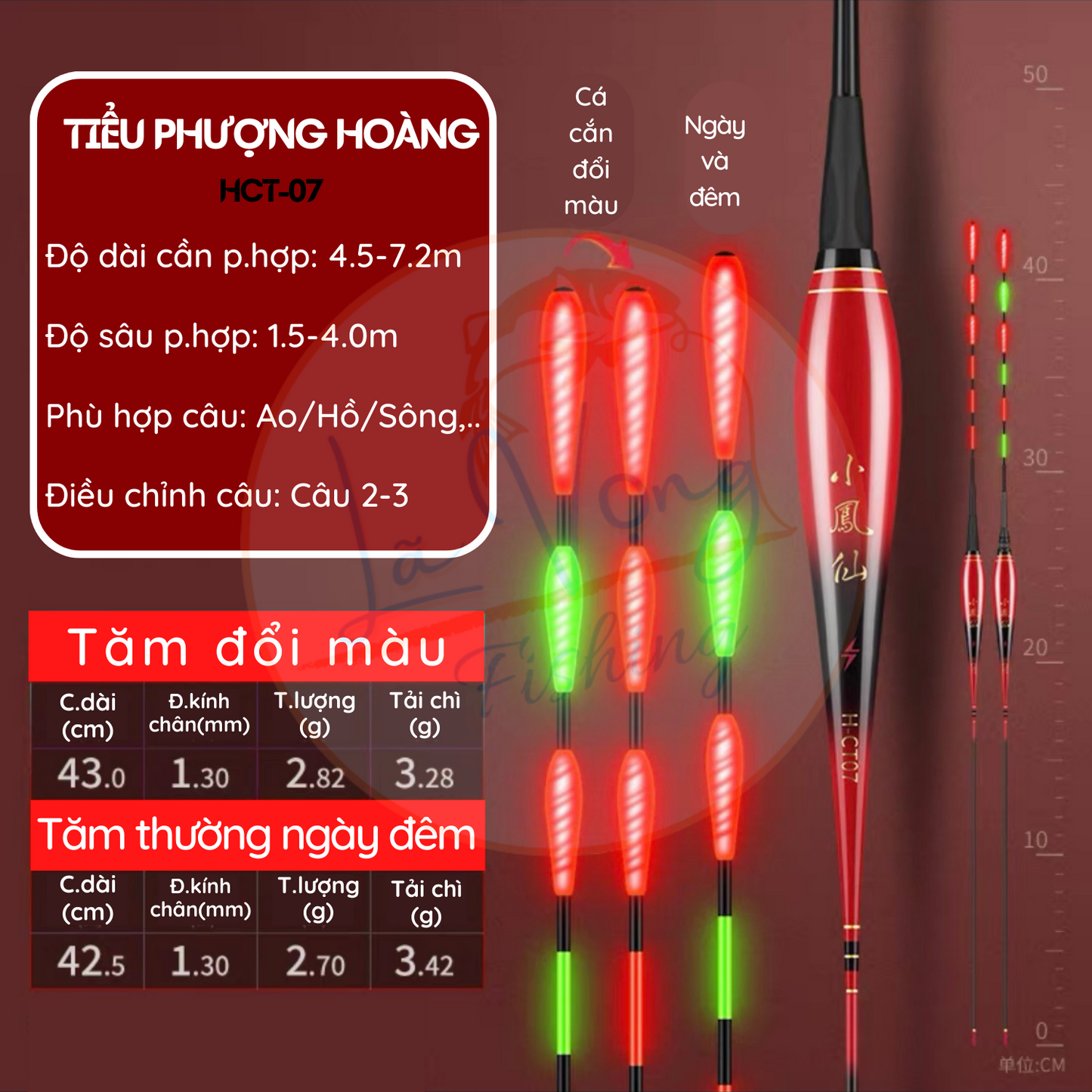 Phao Ngày - Đêm Tiểu Phượng Tiên mã HCT tăm giọt nước, đổi màu thông minh, phao câu đài cao cấp