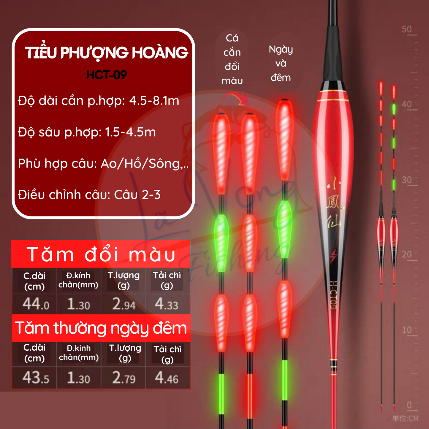 Phao Ngày - Đêm Tiểu Phượng Tiên mã HCT tăm giọt nước, đổi màu thông minh, phao câu đài cao cấp