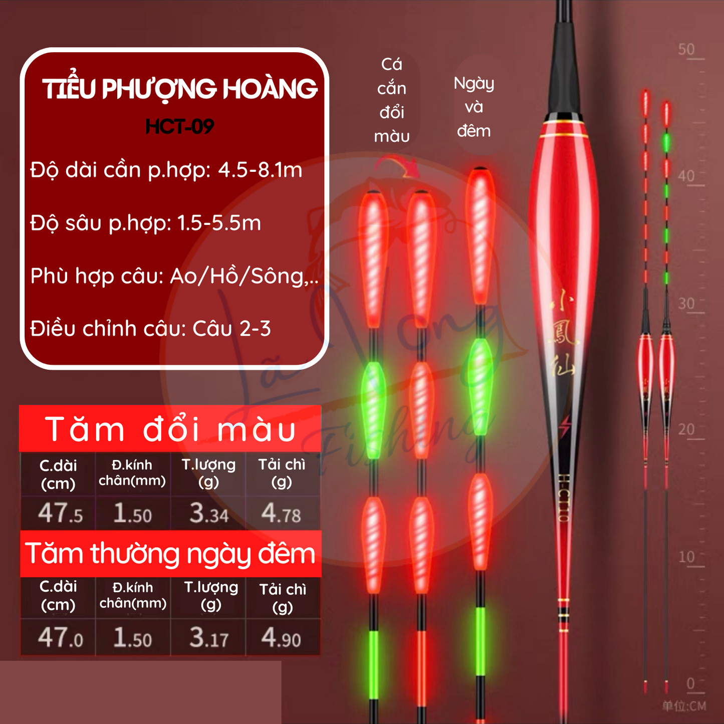 Phao Ngày - Đêm Tiểu Phượng Tiên mã HCT tăm giọt nước, đổi màu thông minh, phao câu đài cao cấp