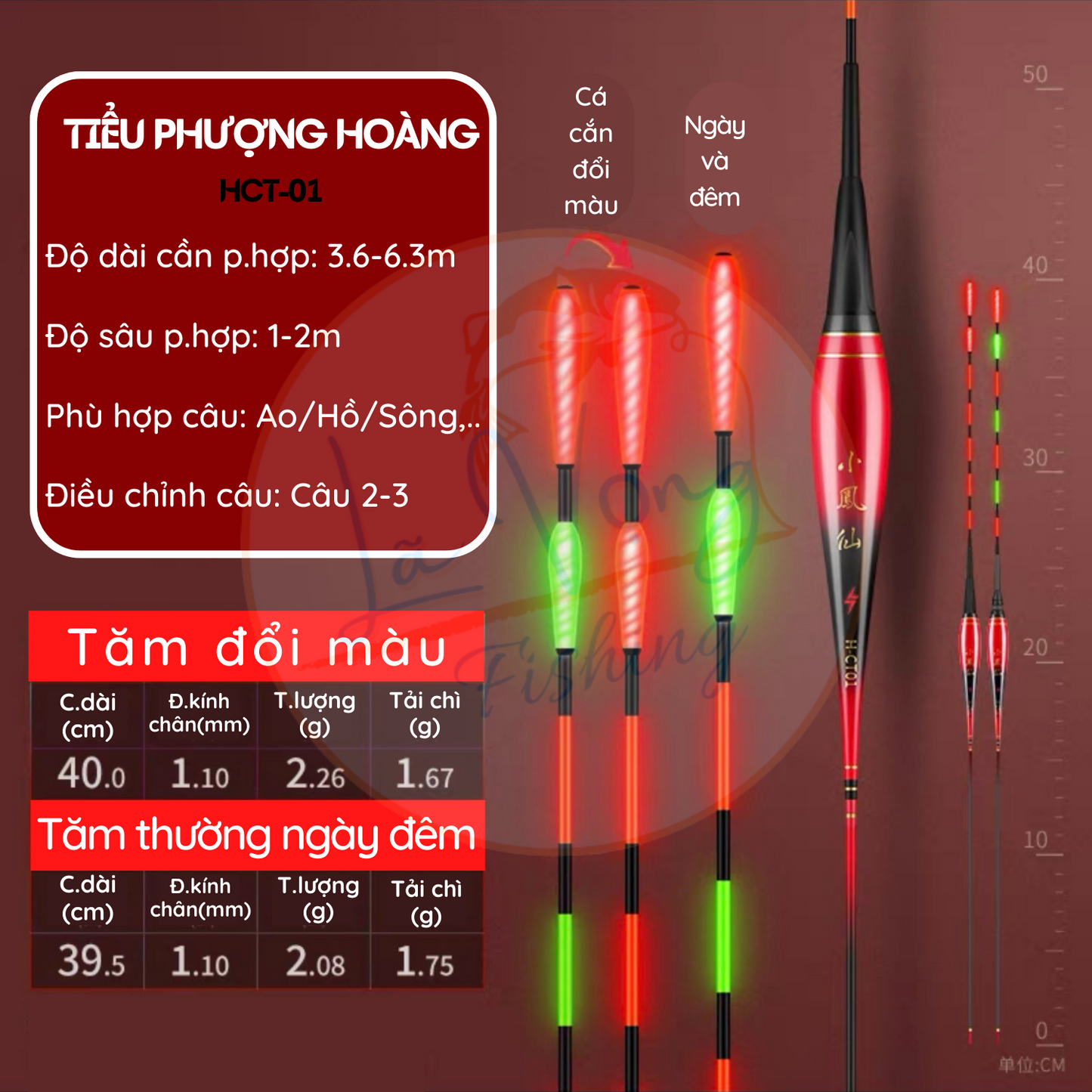 Phao Ngày - Đêm Tiểu Phượng Tiên mã HCT tăm giọt nước, đổi màu thông minh, phao câu đài cao cấp