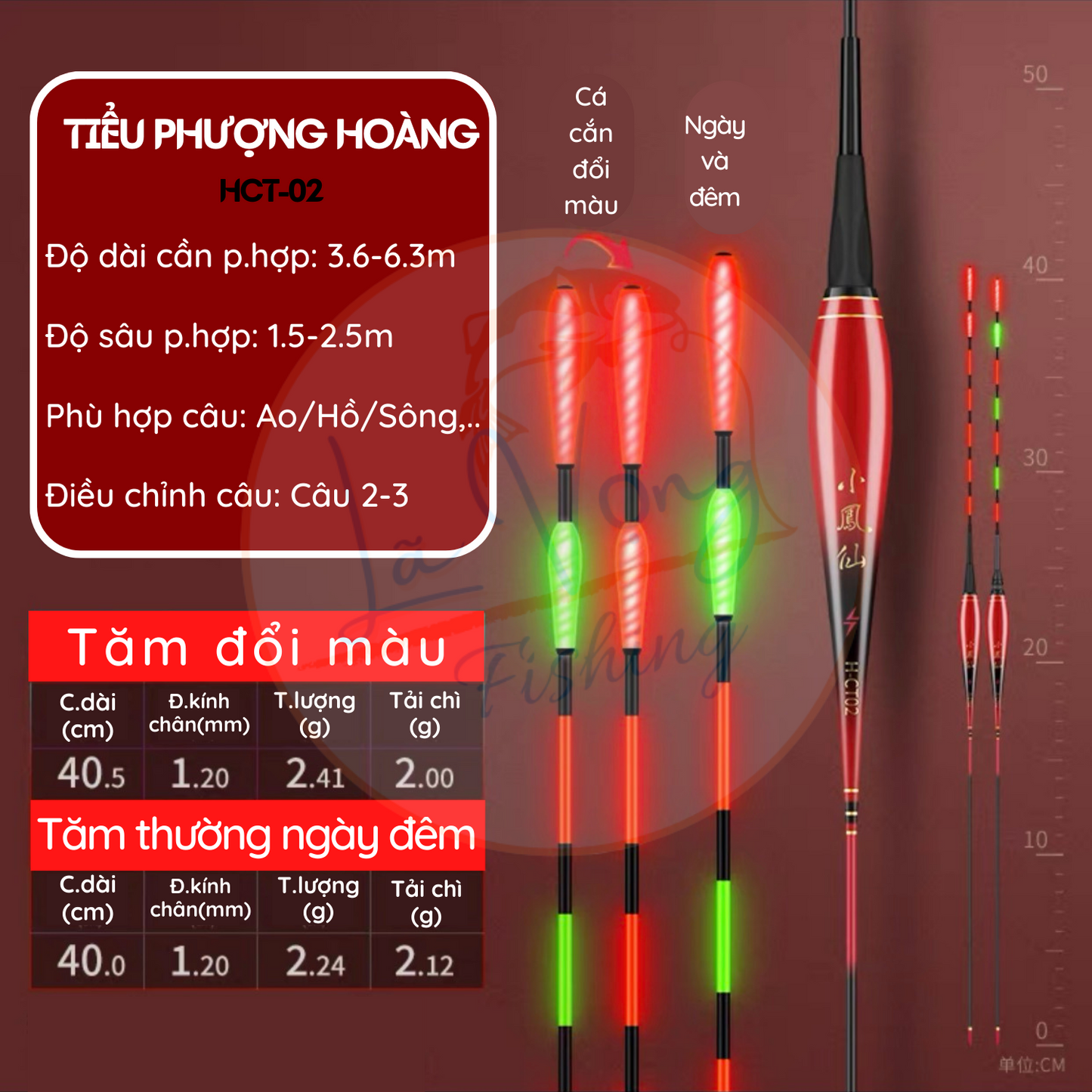 Phao Ngày - Đêm Tiểu Phượng Tiên mã HCT tăm giọt nước, đổi màu thông minh, phao câu đài cao cấp