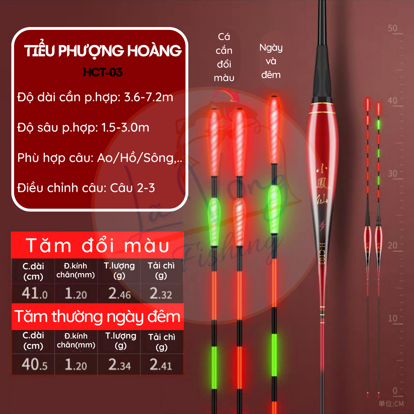 Phao Ngày - Đêm Tiểu Phượng Tiên mã HCT tăm giọt nước, đổi màu thông minh, phao câu đài cao cấp