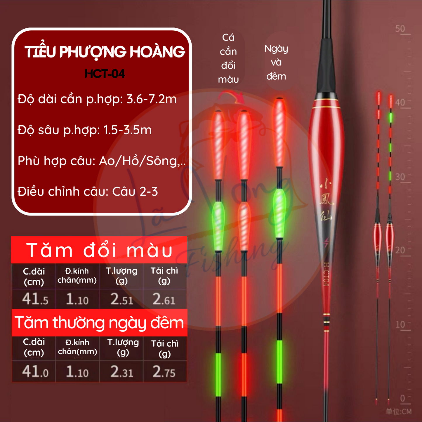 Phao Ngày - Đêm Tiểu Phượng Tiên mã HCT tăm giọt nước, đổi màu thông minh, phao câu đài cao cấp